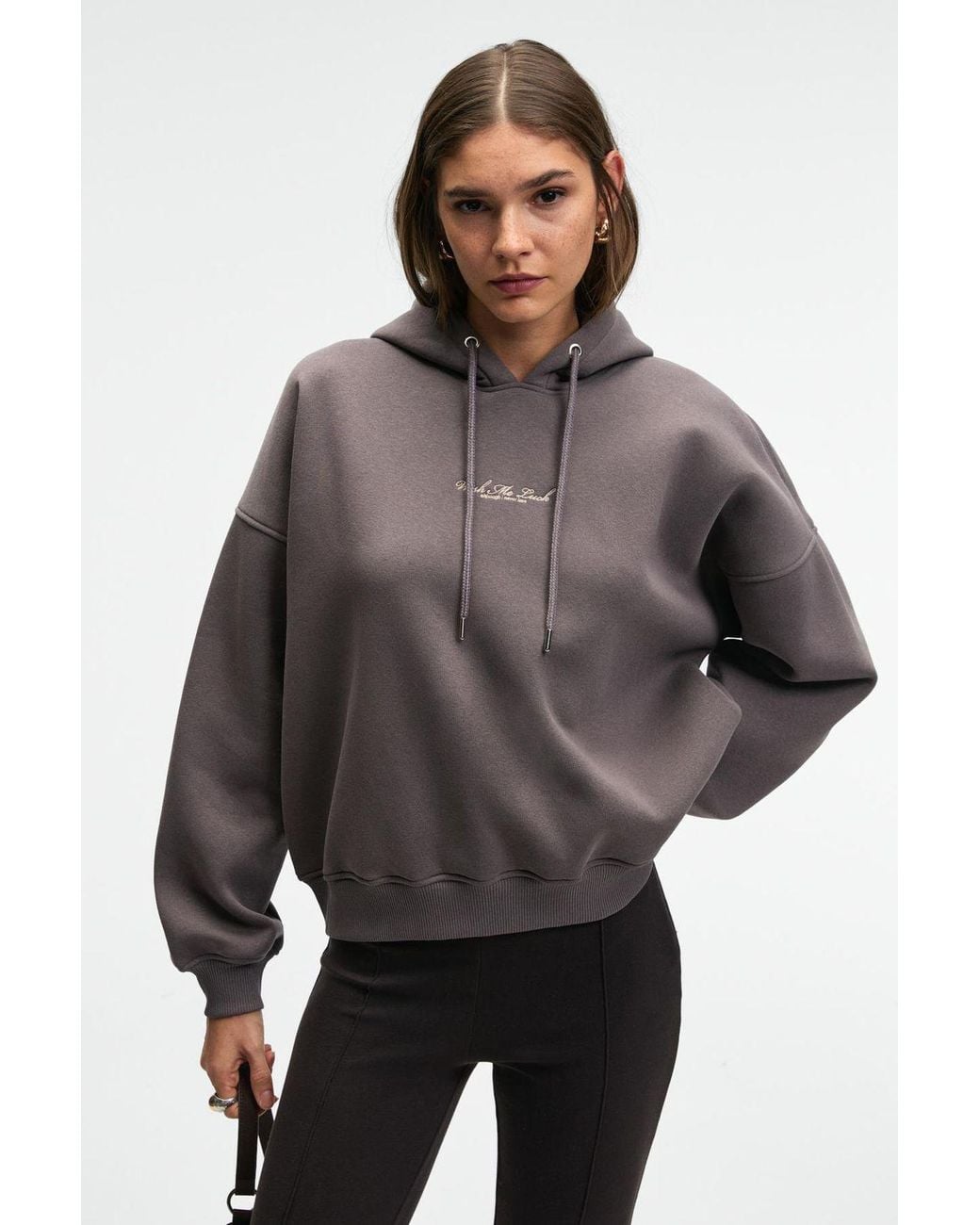Grimelange Gray Embroidered Oversized Hooded Sweatshirt