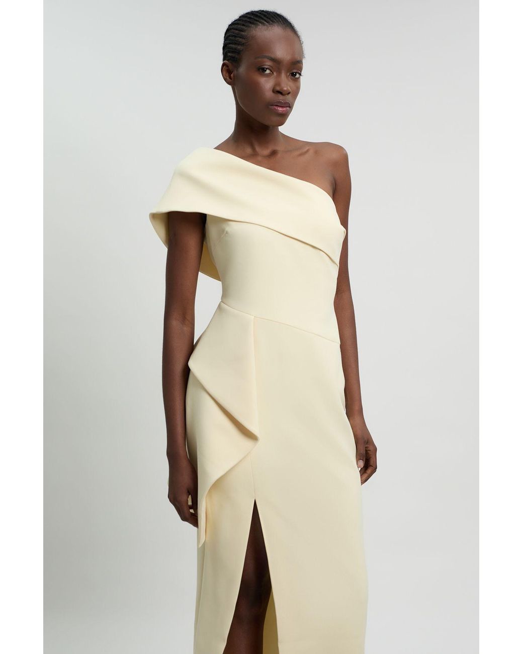 Karen Millen Natural Compact Stretch Ruffle Detail Asymmetric Pencil Dress