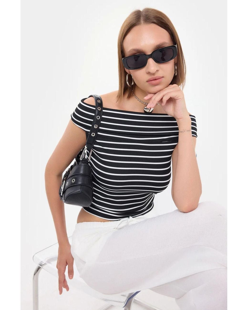 Hiccup Black Striped Off-Shoulder Top