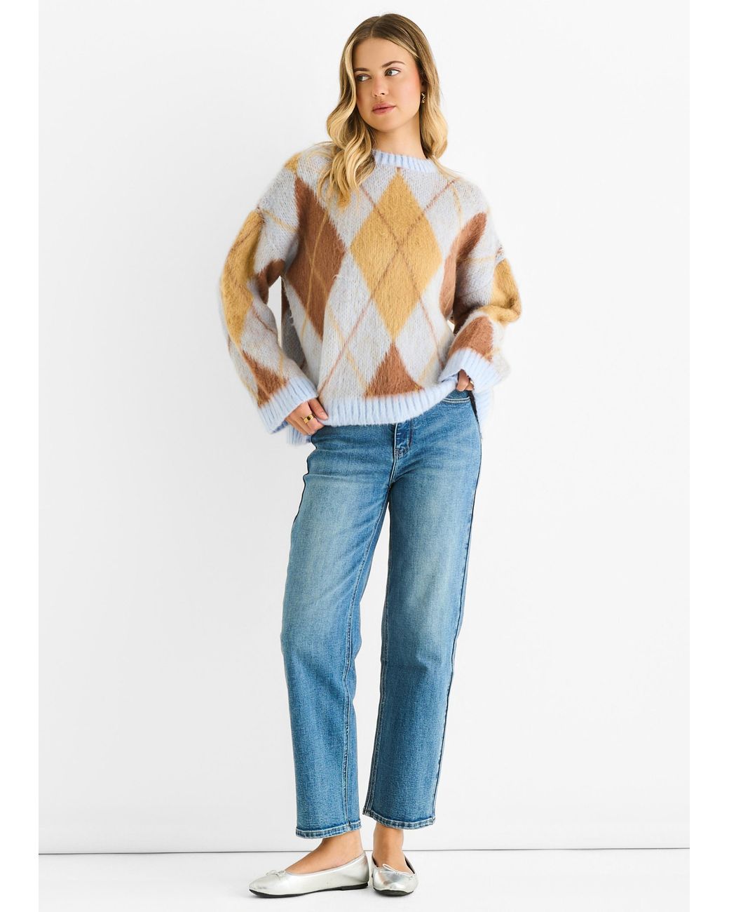 Gini London Blue Argyle Knit Round Neck Jumper