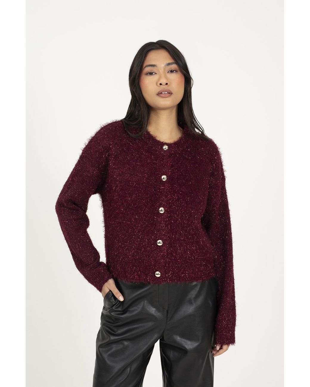 Brave Soul Red Fluffy Tinsel Knit Cardigan