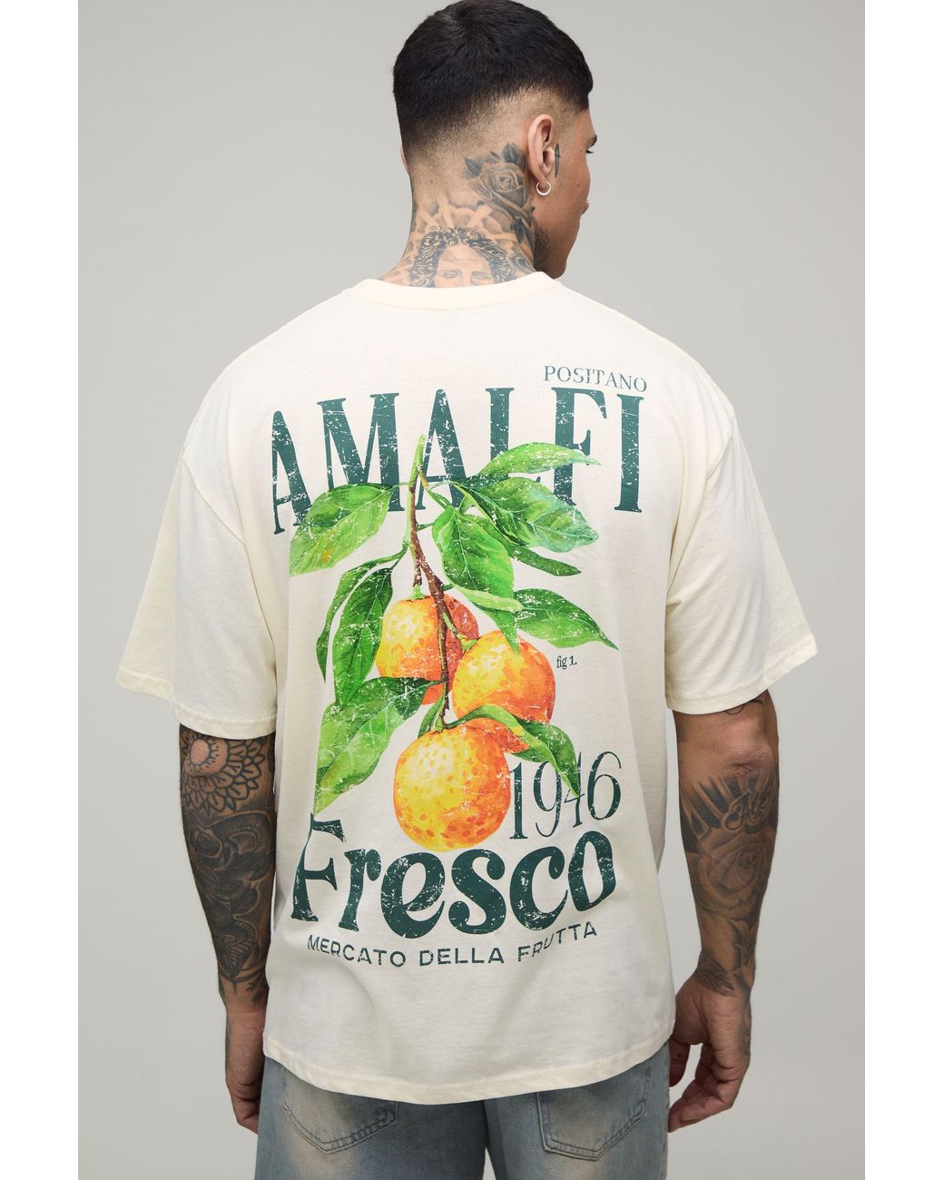 BoohooMAN Gray Tall Oversized Amalfi Lemon Print T-Shirt for men