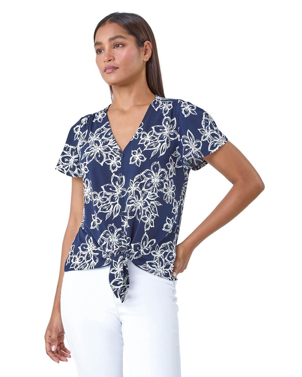 Roman Blue Textured Floral Print Tie Front Top