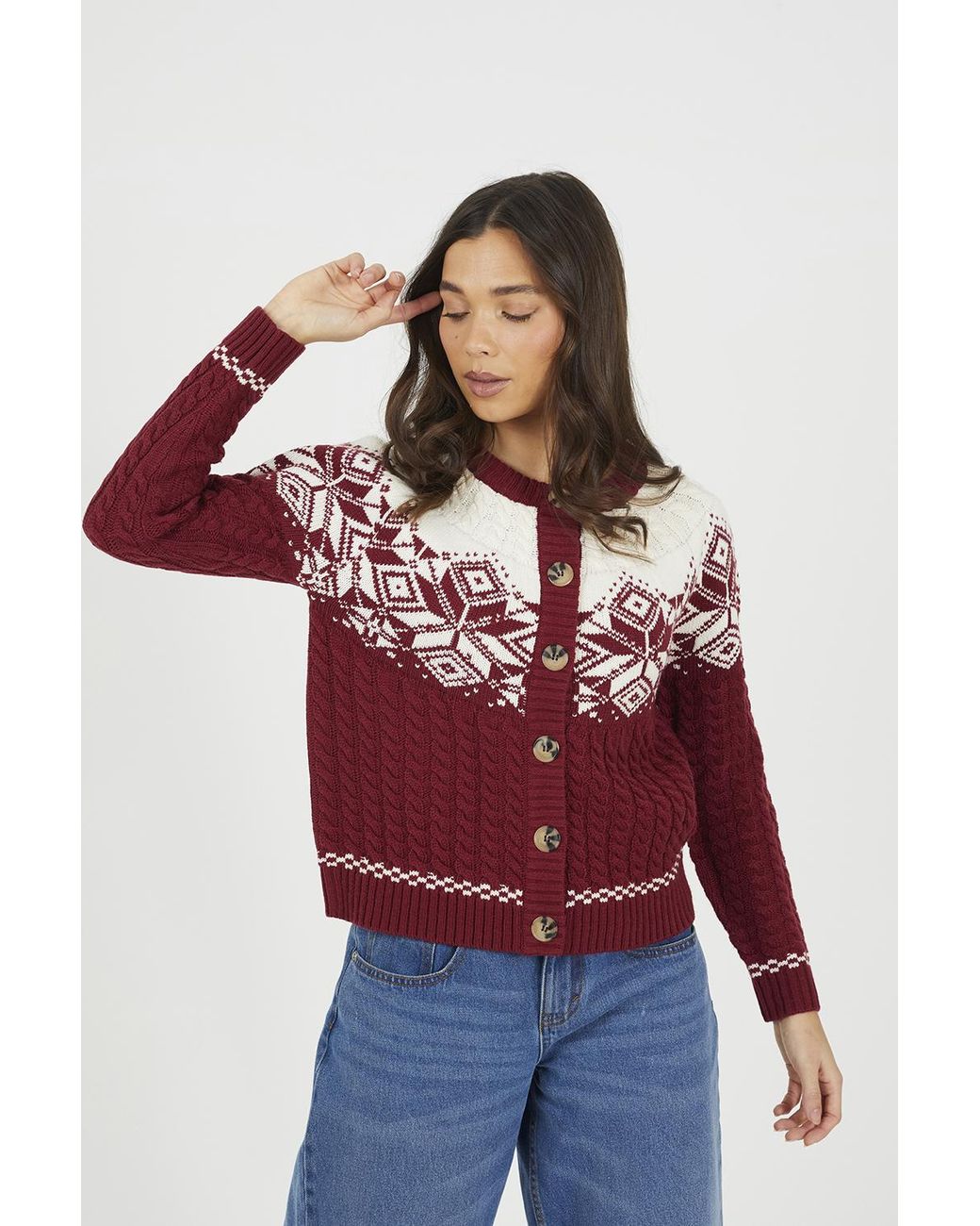 Brave Soul Red Snowflake Fairisle Christmas Cardigan