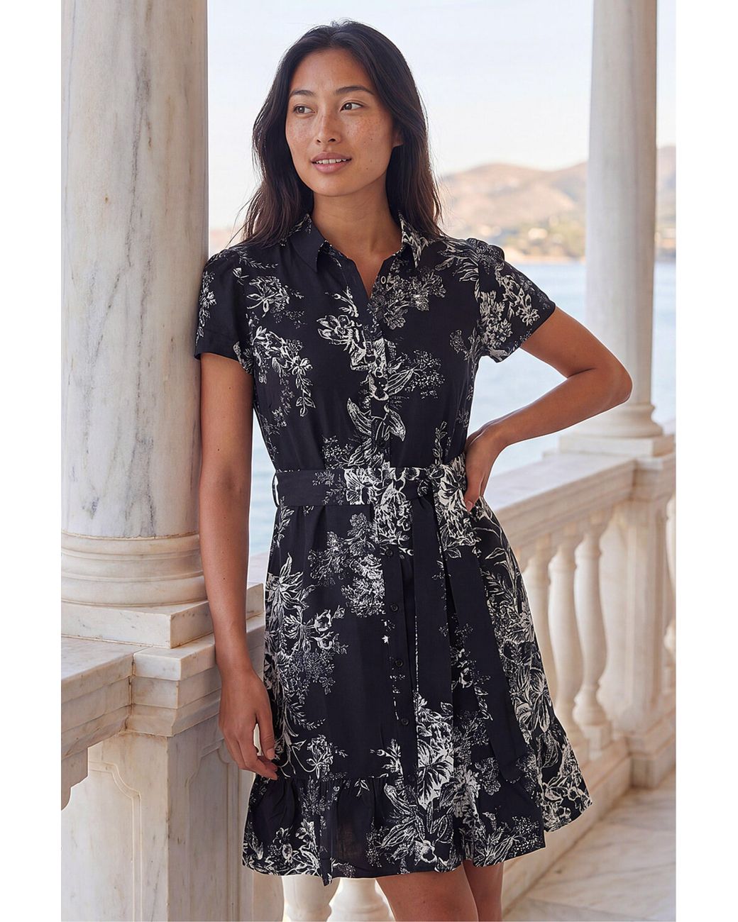 Roman Black Petite Floral Print Frill Shirt Dress