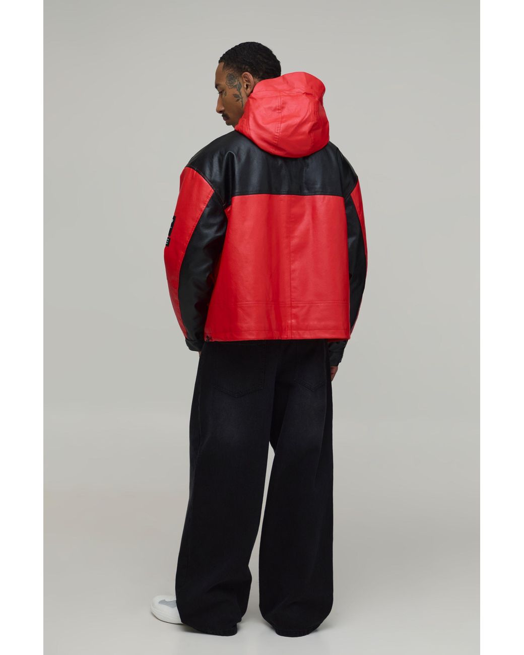 BoohooMAN Red Oversized Boxy Pu Colour Block Parka for men
