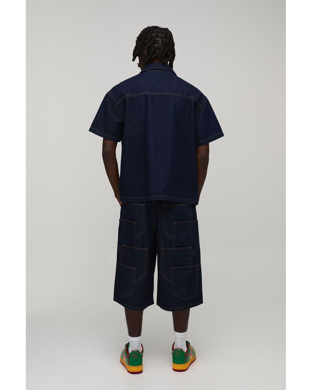 BoohooMAN Blue Multi Pocket Boxy Oversized Denim Shirt for men