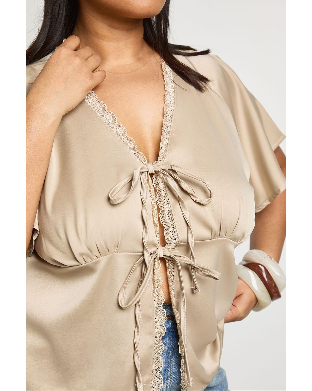 Boohoo Natural Plus Satin Lace Trim Tie Front Short Sleeve Top