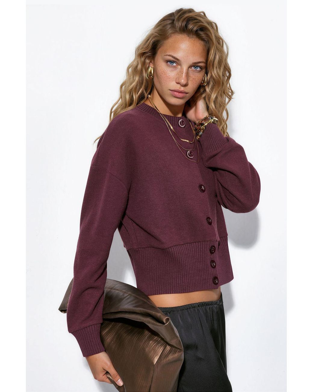Busem Purple Crop Ribbed Button Cardigan