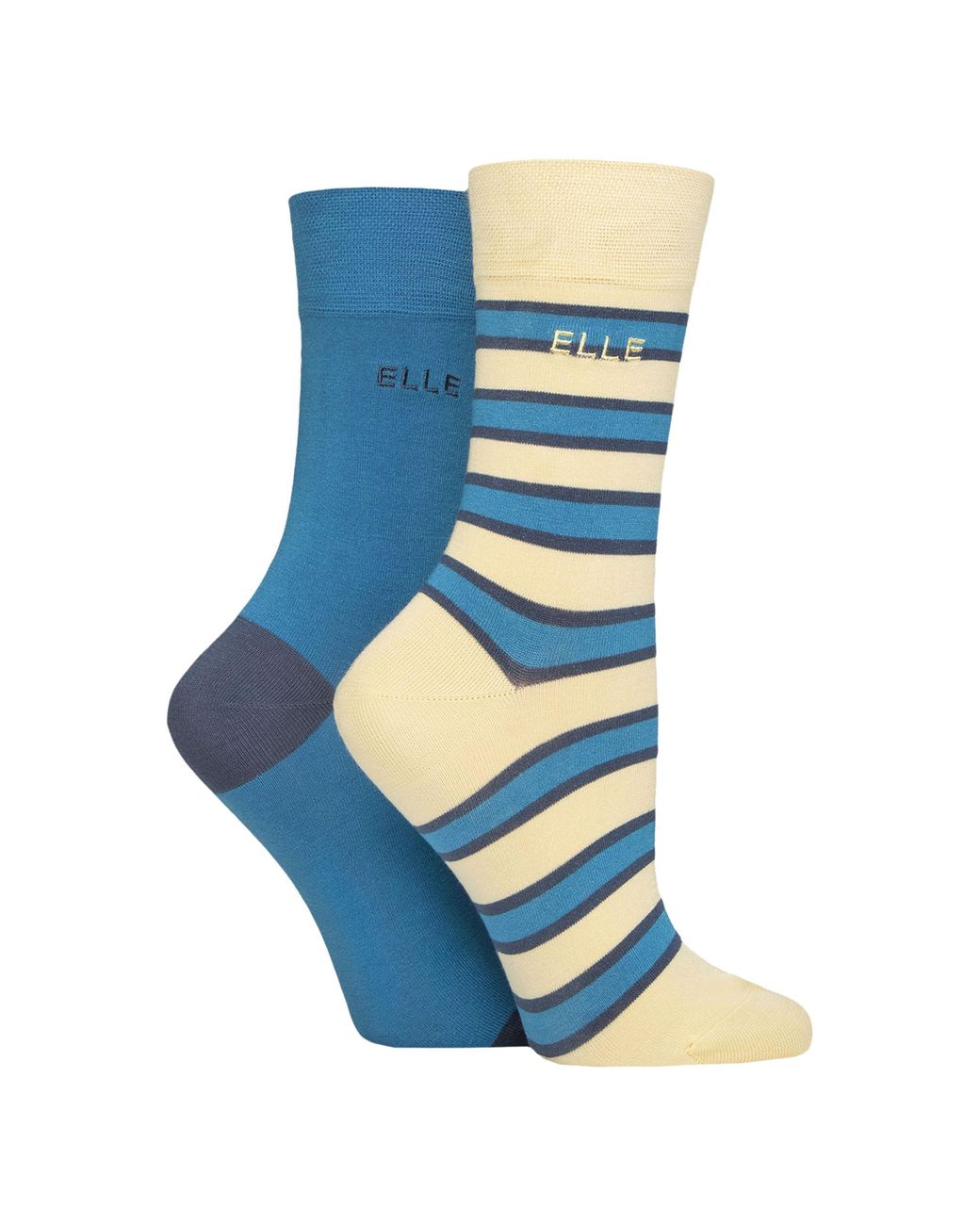 Elle Blue 2 Pack Ladies Striped And Plain Bamboo Socks