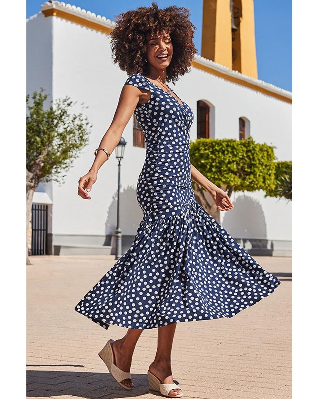 Sosandar Blue Spot Print Fit & Flare Bardot Dress