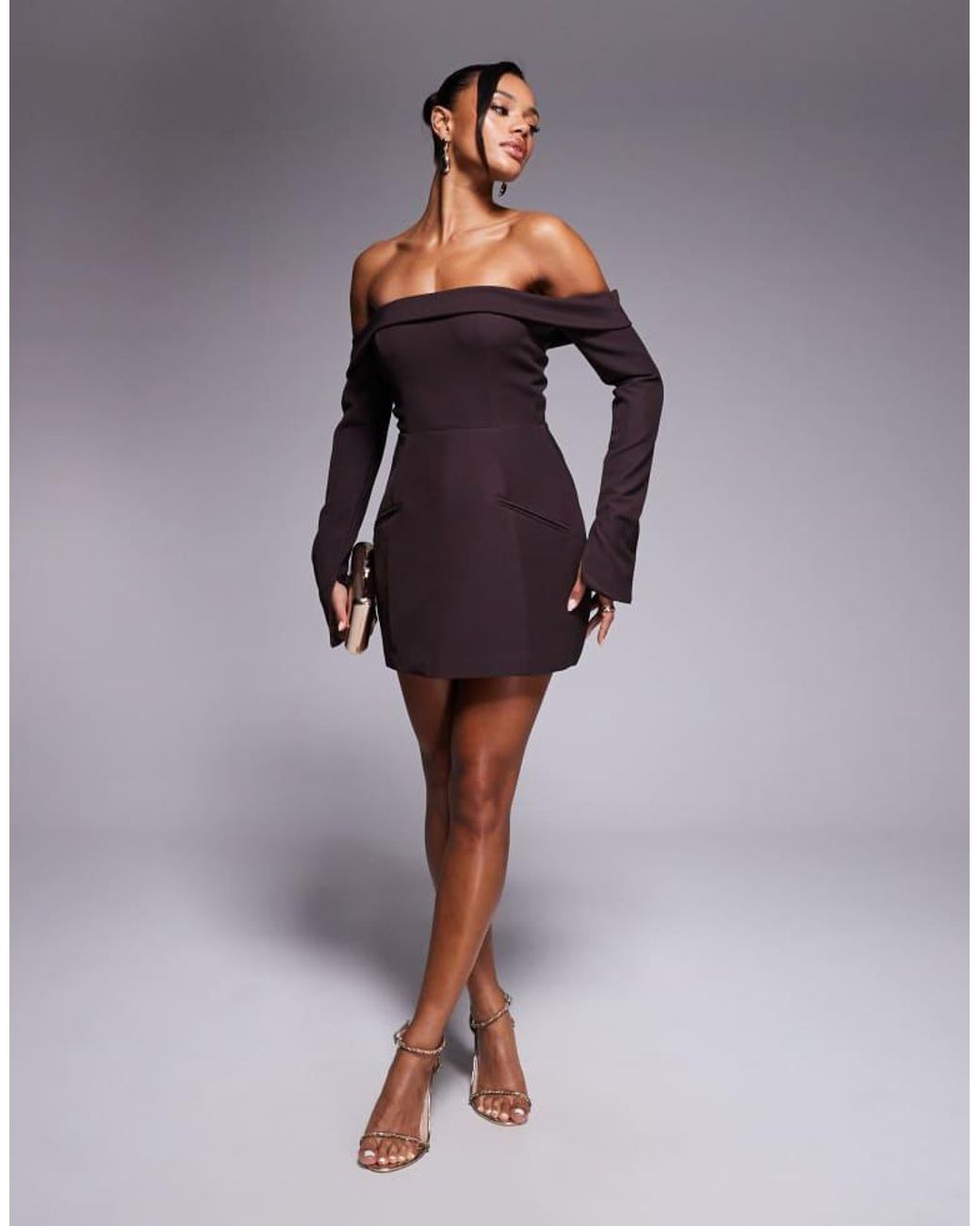 Oh Polly Purple Seraphina Bardot Structured Mini Dress With Pockets