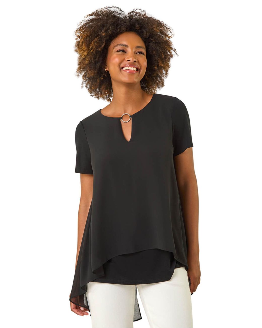 Roman Black Ring Front Chiffon Overlay Top
