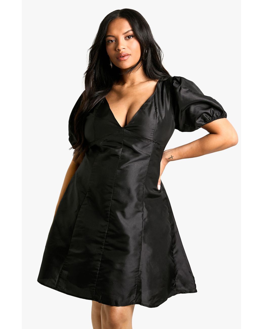 Boohoo Black Plus Woven Pleated Detailpuff Sleeve Skater Dress