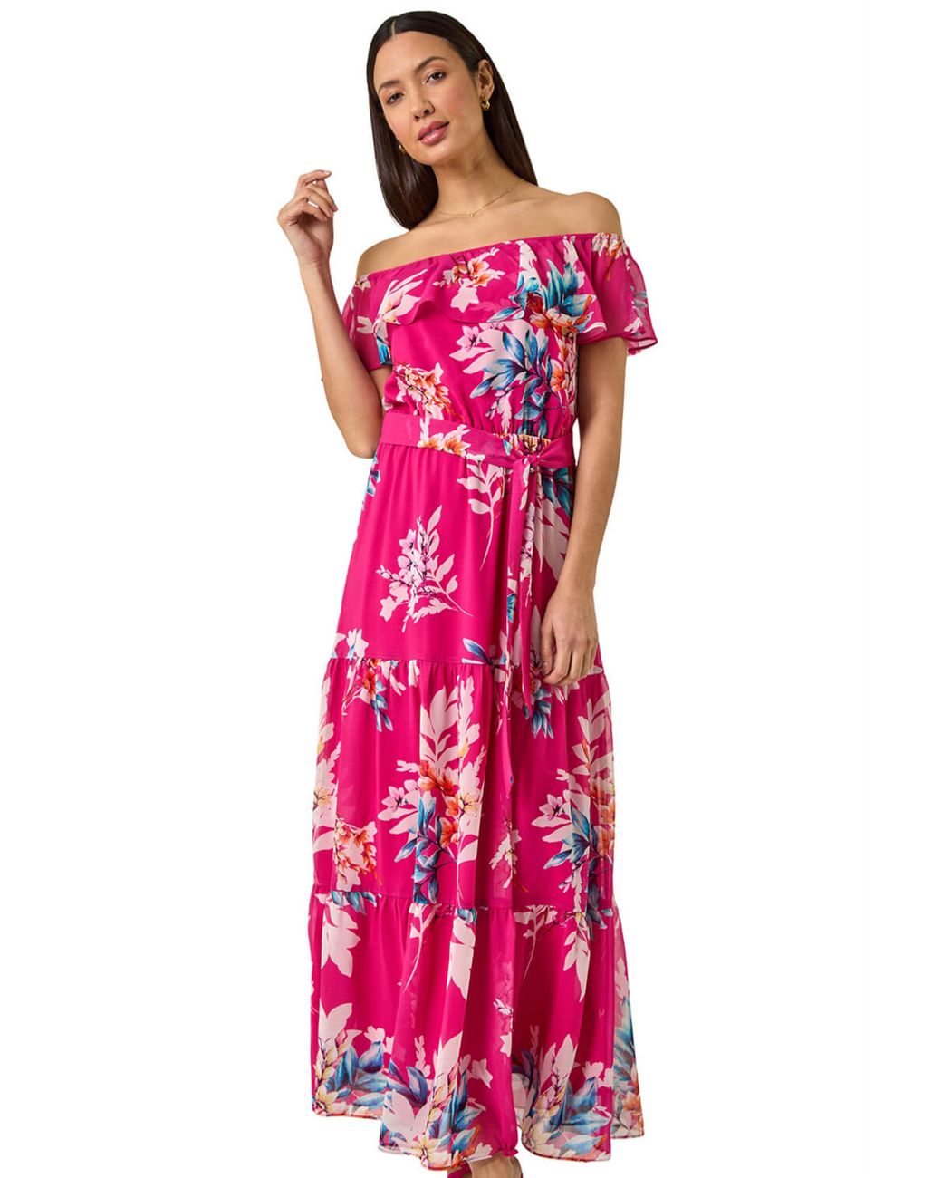 Roman Red Floral Bardot Belted Maxi Dress