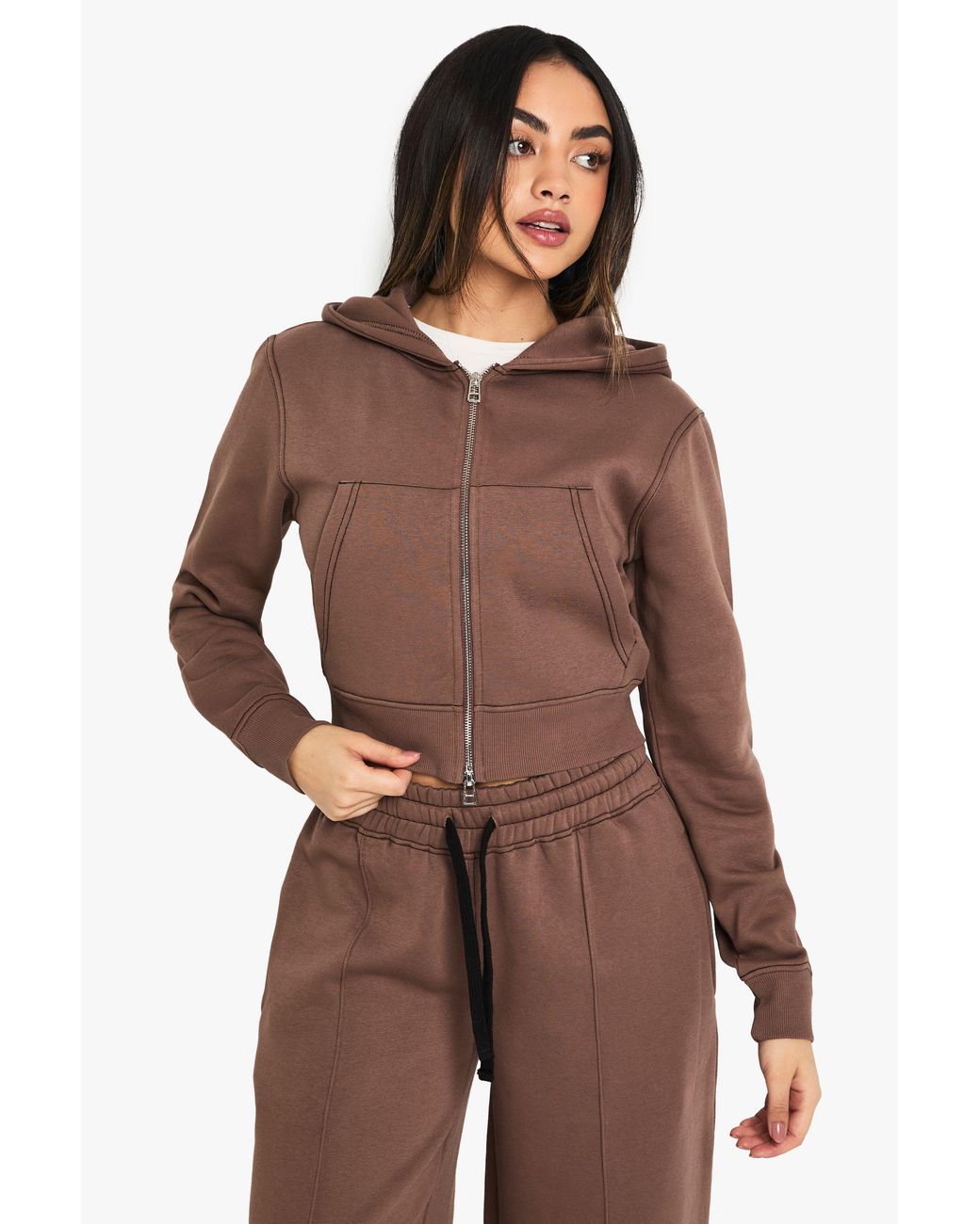 Boohoo Brown Contrast Stitch Shrunken Zip Through Hoodie