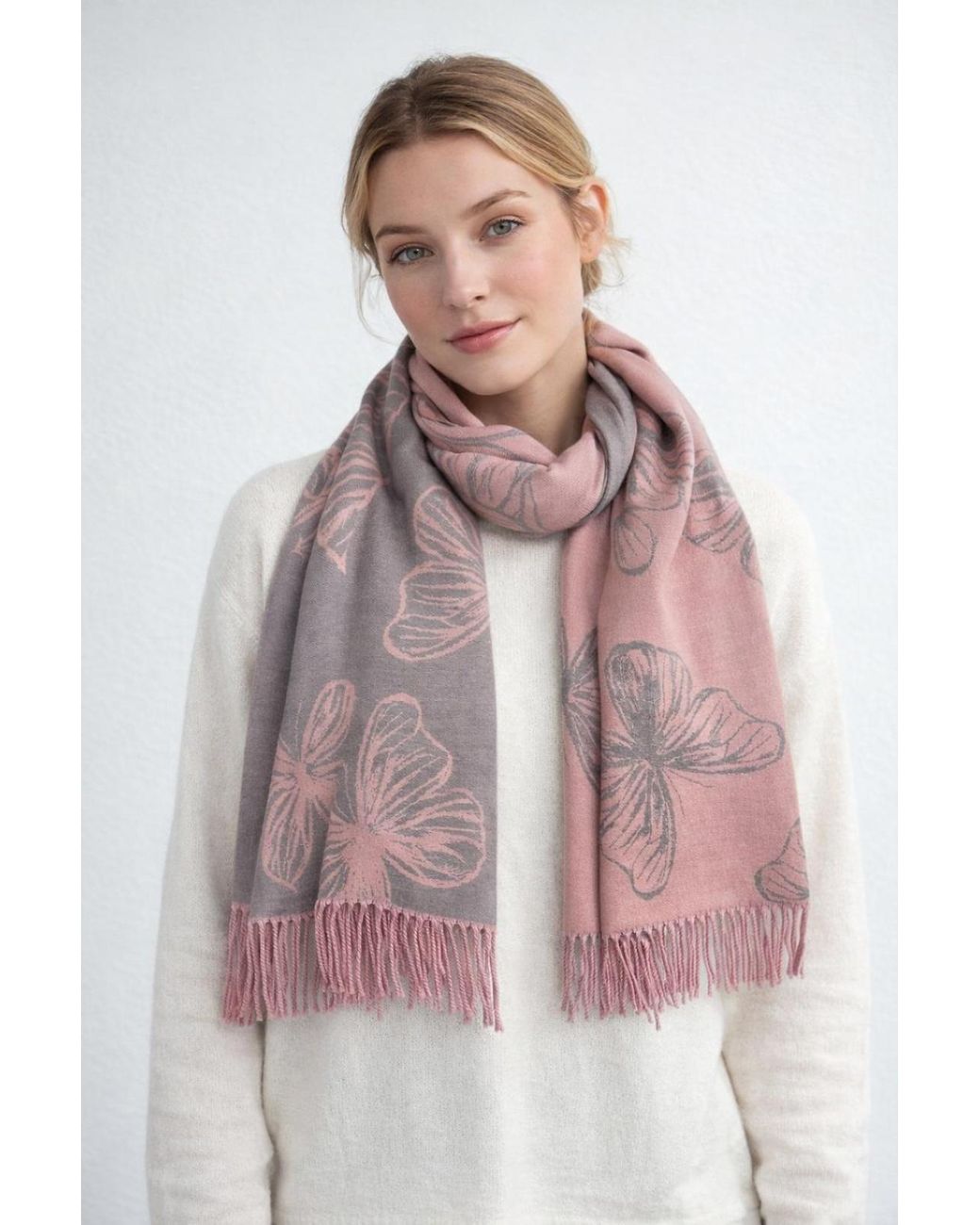 SVNX Red Butterfly Printed Cashmere Scarf With Tassels