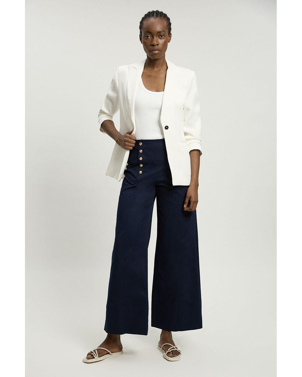 Karen Millen Blue Cotton Tailored Button Detail Trousers