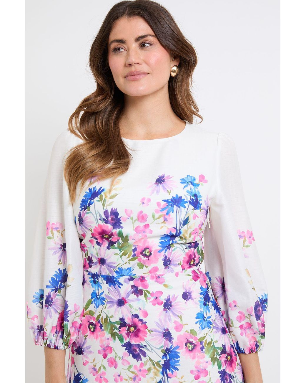 Wallis White Floral Balloon Sleeve Midi Dress