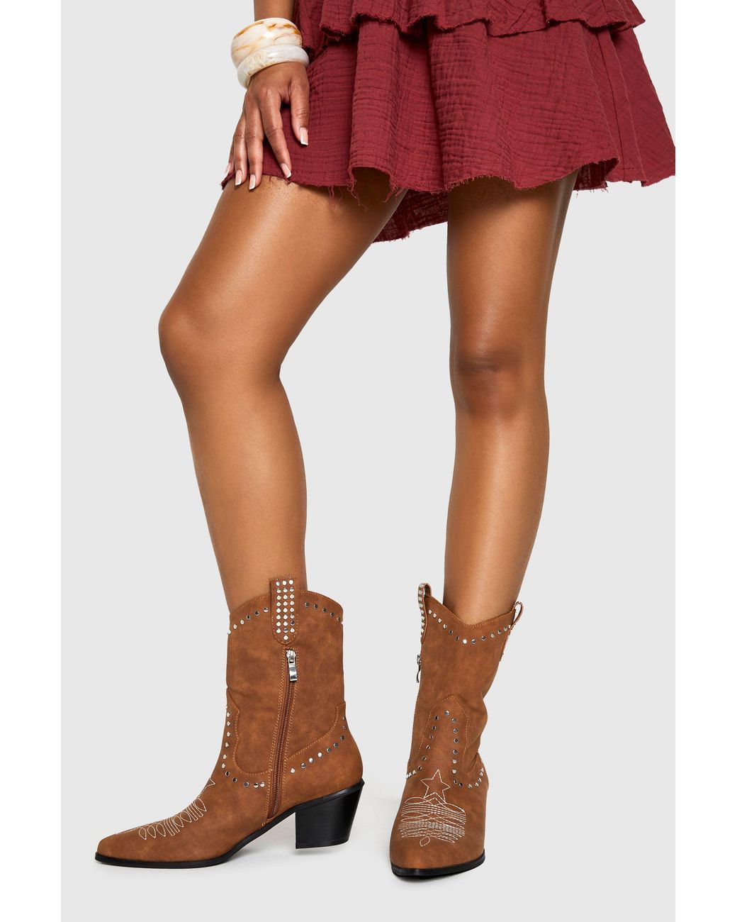 Boohoo Natural Studded Ankle Western Boots