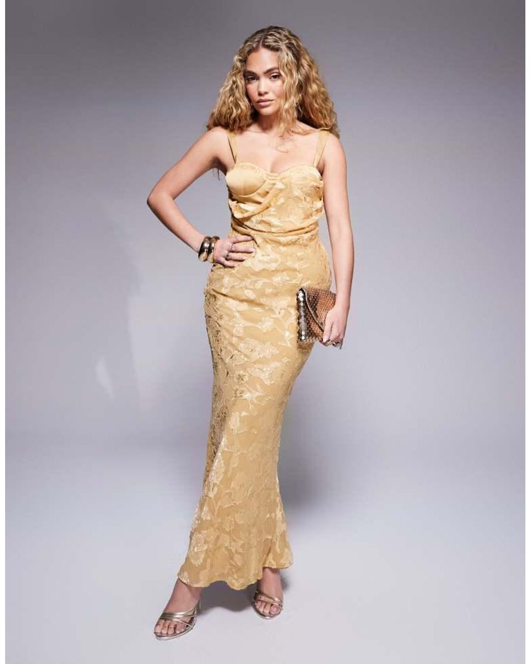 ASOS Metallic Satin Corset Detail Draped Bias Maxi Dress