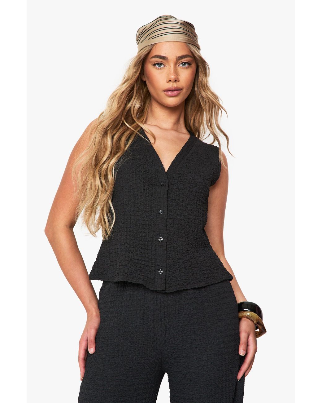 Boohoo Black Textured Button Through Sleeveless Top