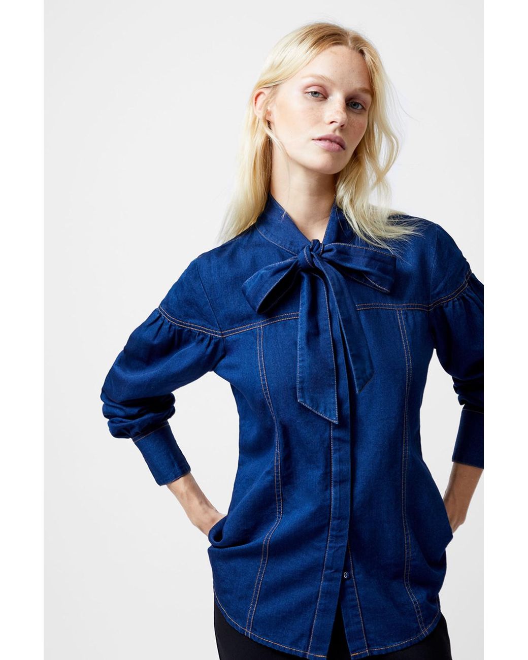 French Connection Blue Cotton Button Up Chambray Tie Neck Shirt