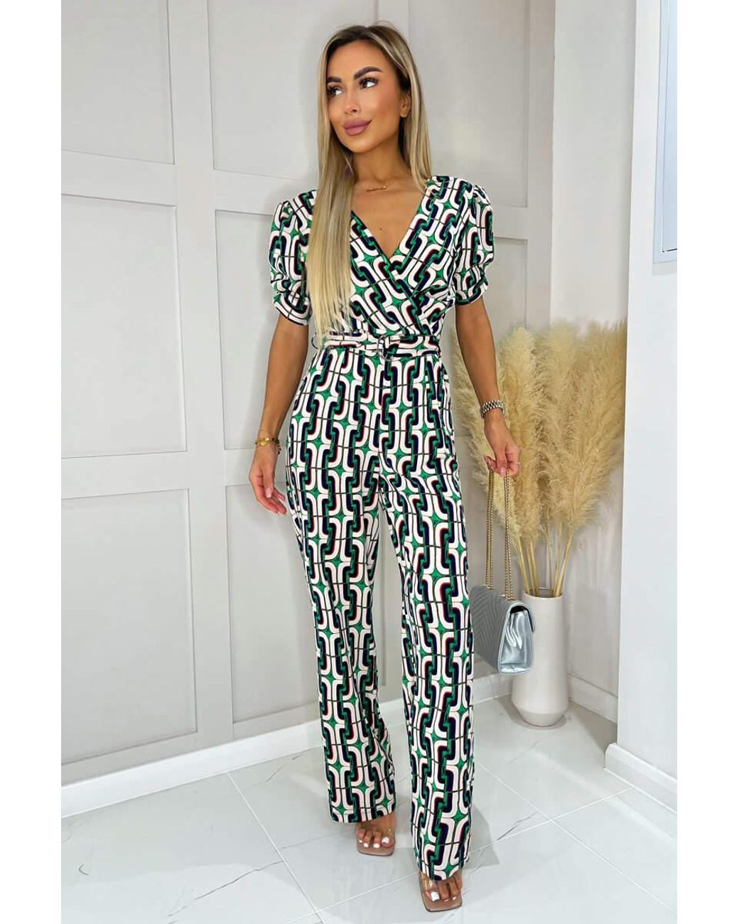 AX Paris White And Geometric Multi Printed Wrap Top Belted Jumpsuit