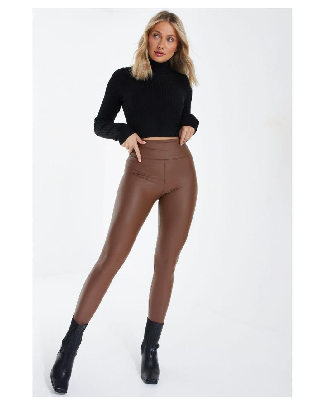 Quiz Brown Faux Leather Leggings in Black