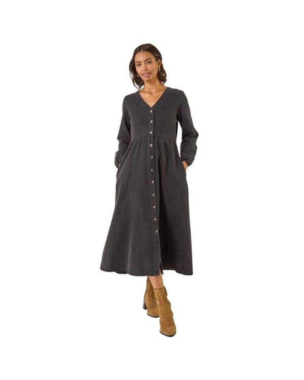 Roman Black Denim Button Through Midi Dress
