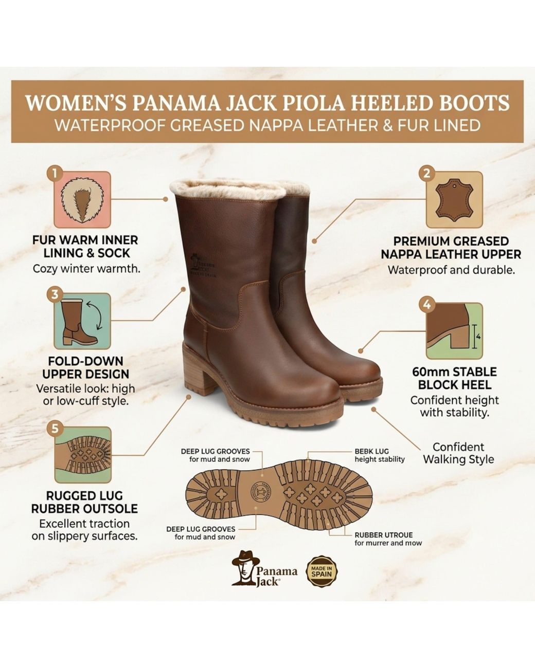 Panama Jack Brown Bark Leather Waterproof Warm Heeled Boots