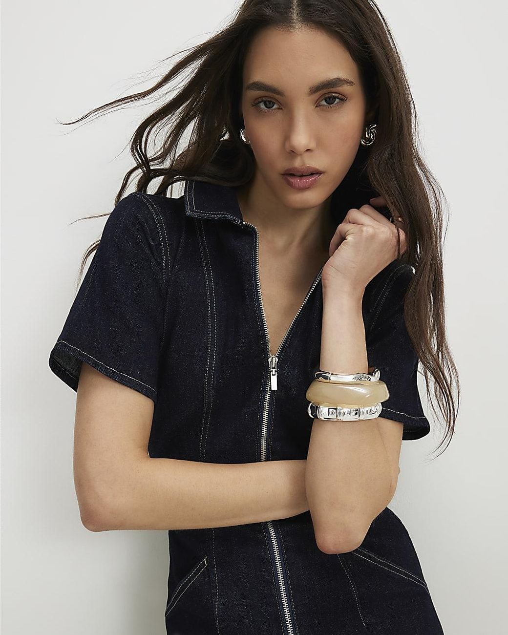 River Island Black Playsuit Sculpt Denim Short Sleeve Cotton