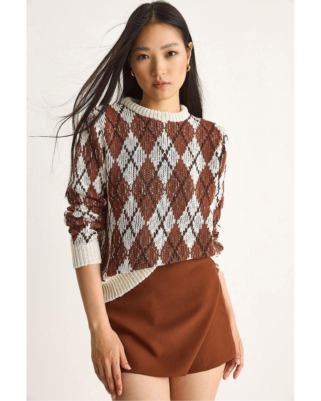 Bianco Lucci Brown Crew Neck Knitted Sweater With Diamond Pattern