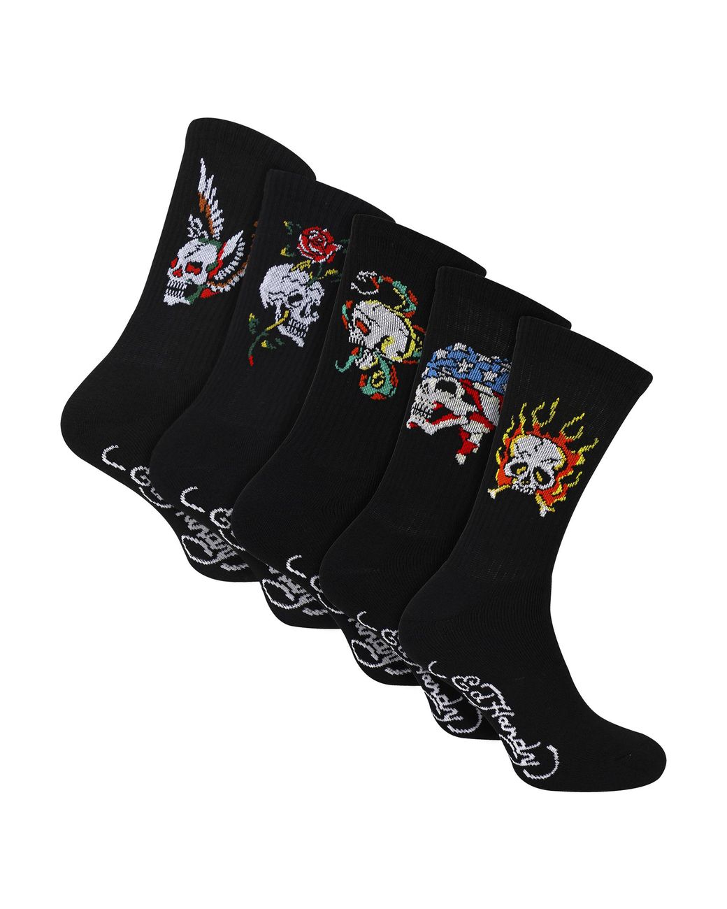 Ed Hardy Black 5 Pack Crew Socks Skull Pattern Soft Breathable Casual for men