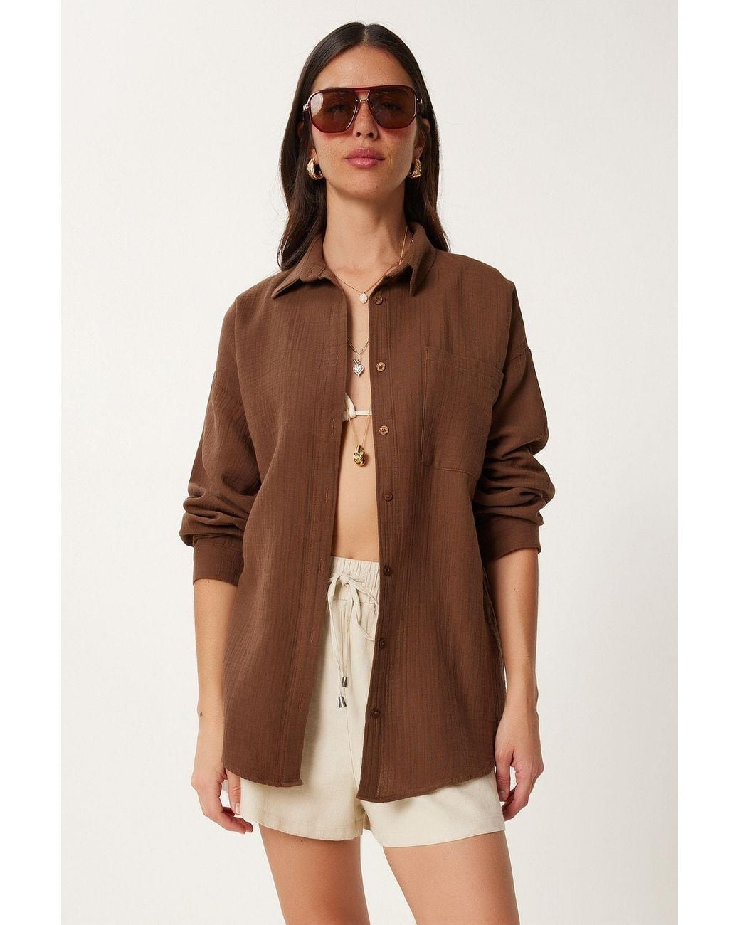 Happiness İstanbul Brown Oversized Textured Cotton Shirt With Pocket