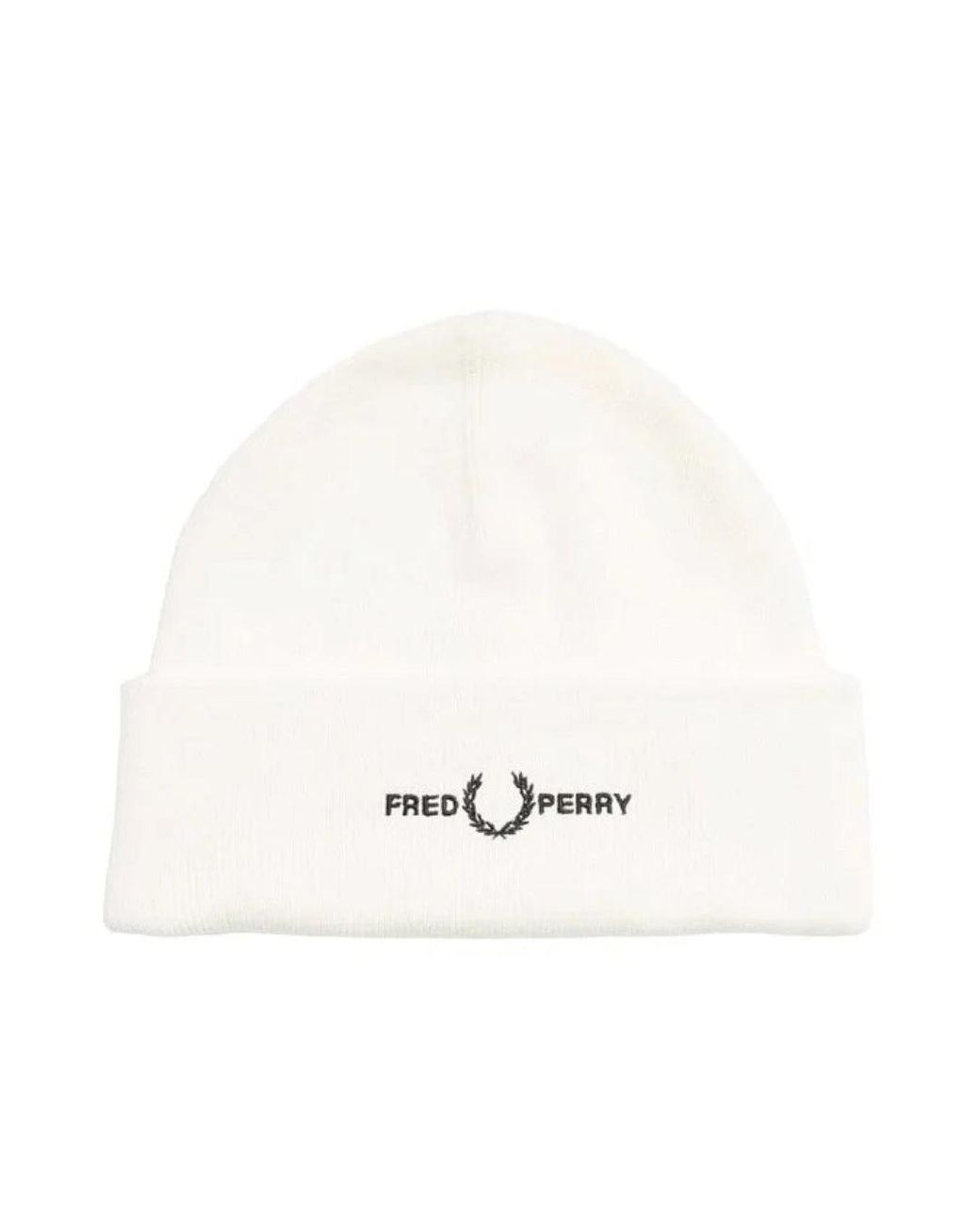 Fred Perry White Embroidered Snow Beanie for men