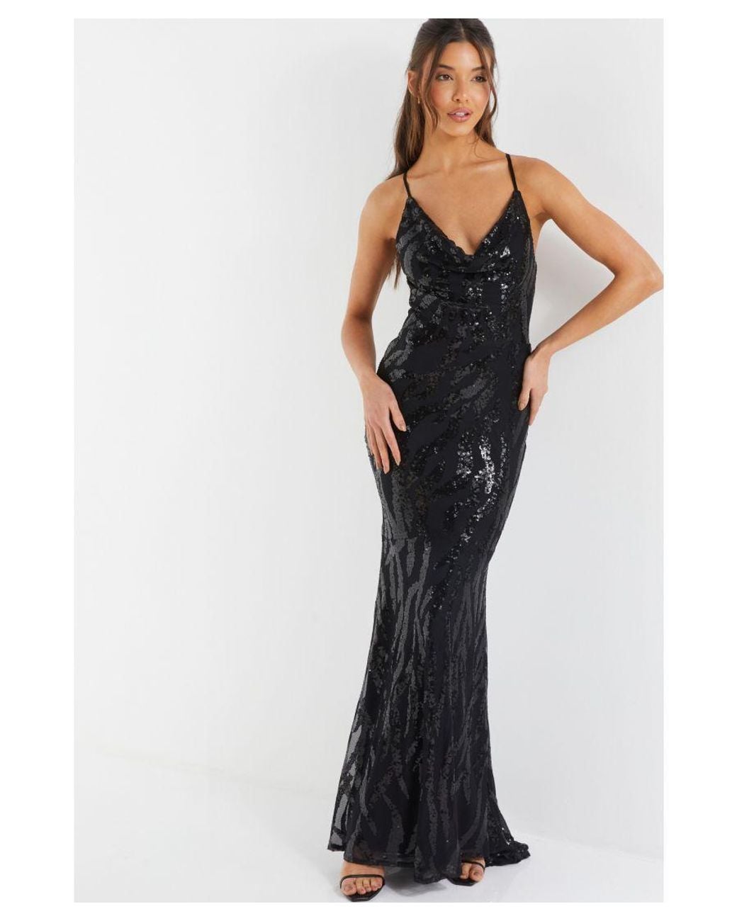 Quiz Sequin Cross Back Maxi Dress in Black | Lyst UK