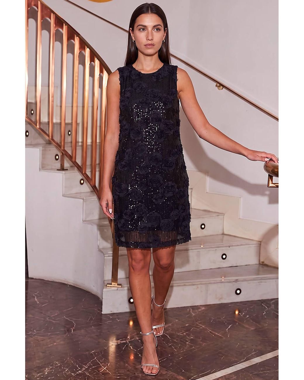 Roman Black Floral Sequin Shift Dress