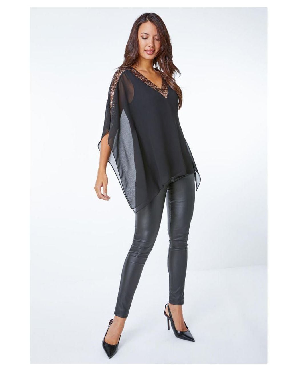 Roman Black Sequin Trim Overlay Stretch Top