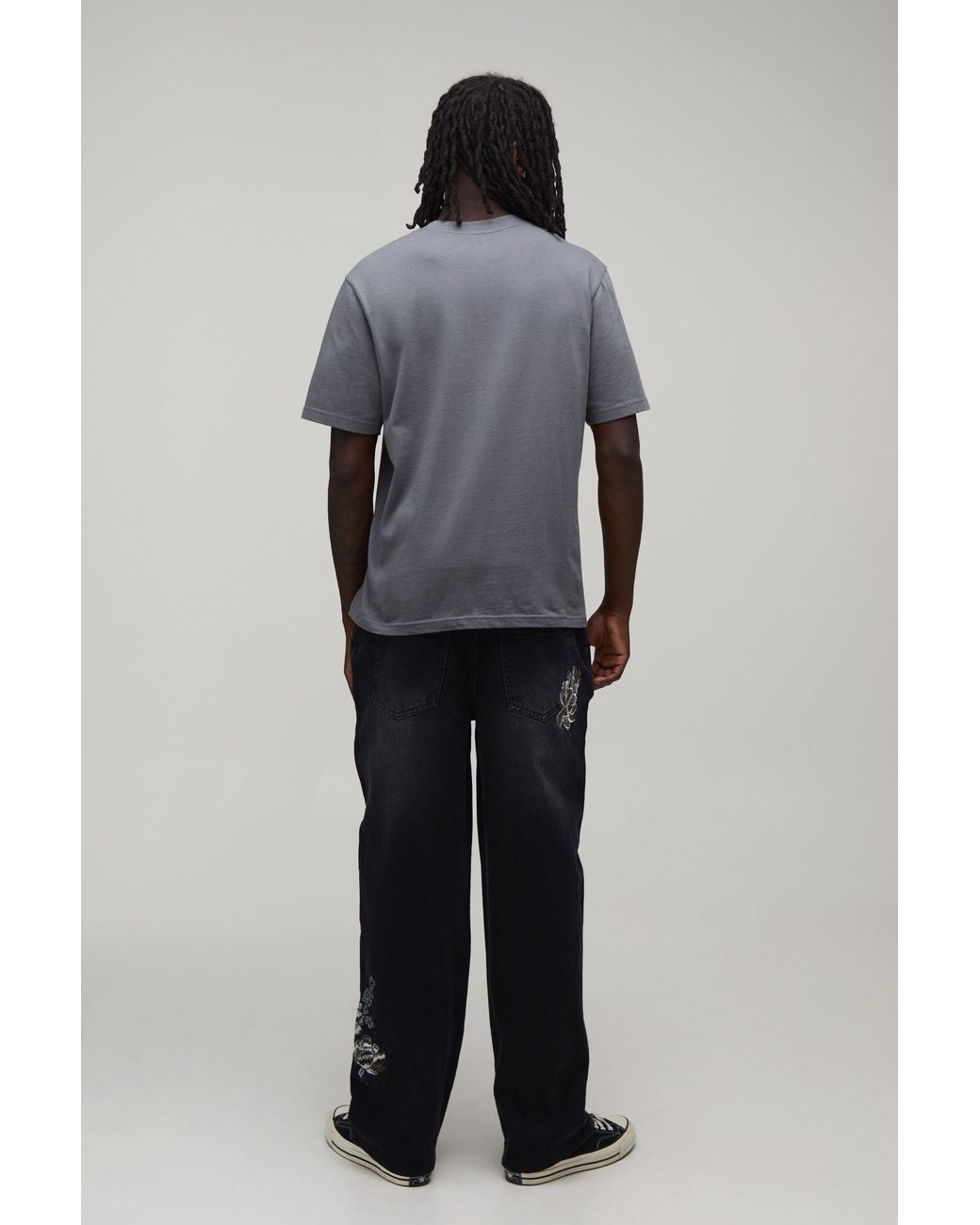 BoohooMAN Black Mono Floral Relaxed Fit Jeans for men