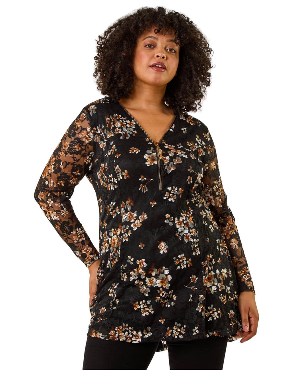 Roman Black Curve Zip Front Lace Top