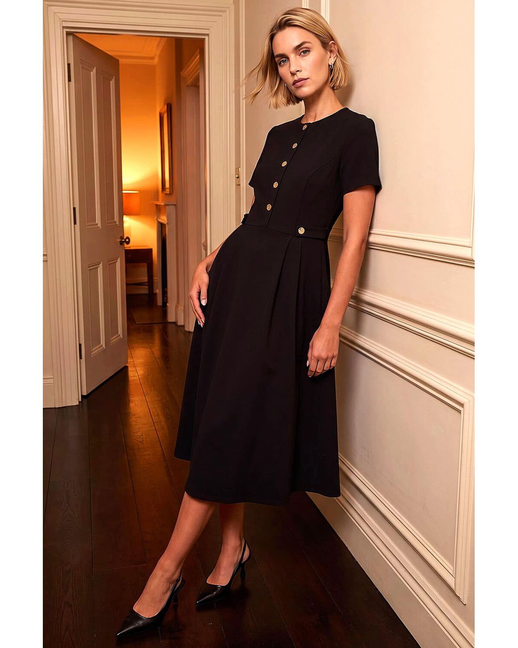 Roman Black Button Detail Midi Dress