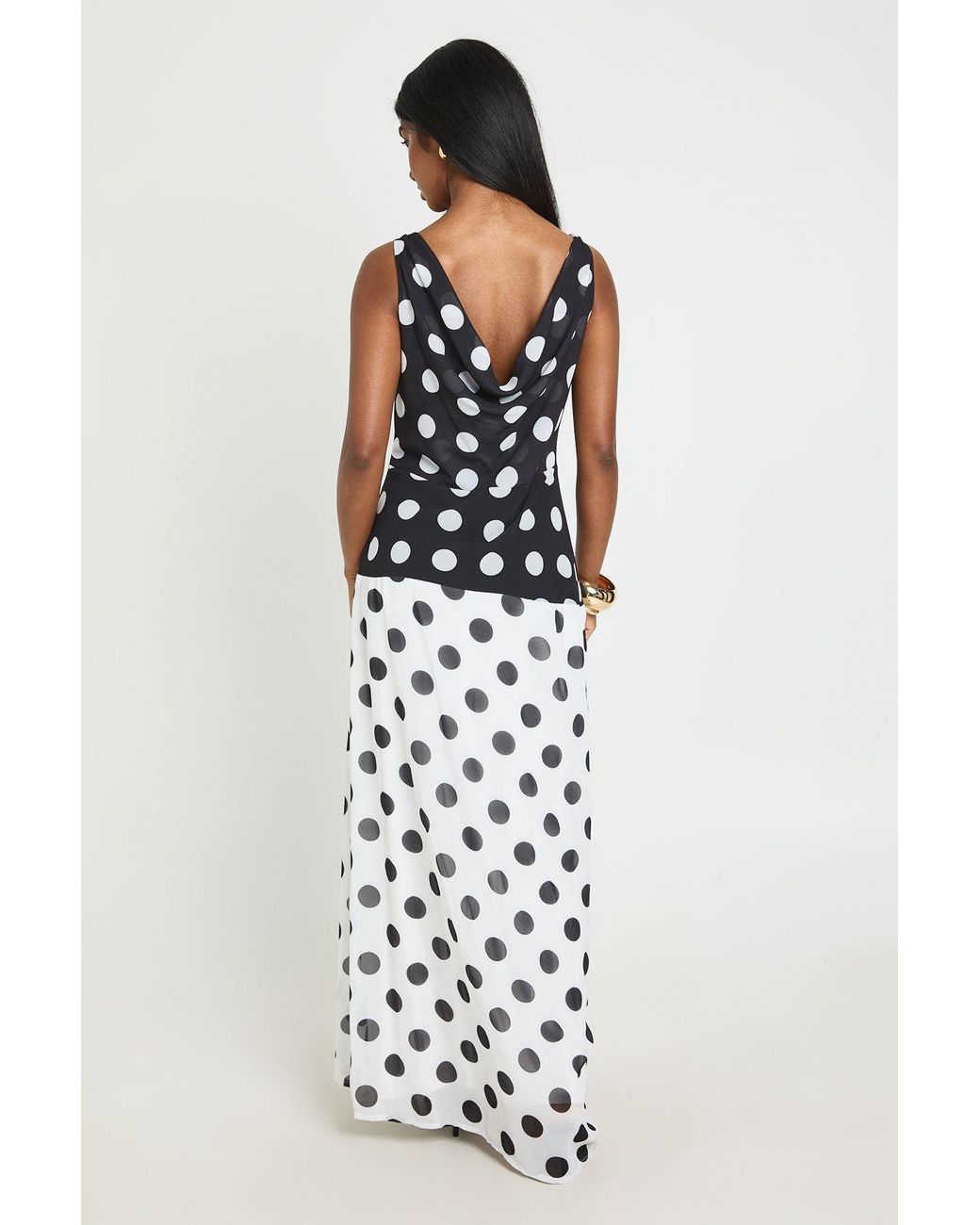 Boohoo White Polka Dot Mono Split Cowl Back Maxi Dress