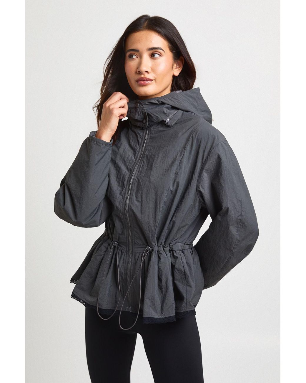 Boohoo Gray Funnel Neck Lace Trim Hem Jacket