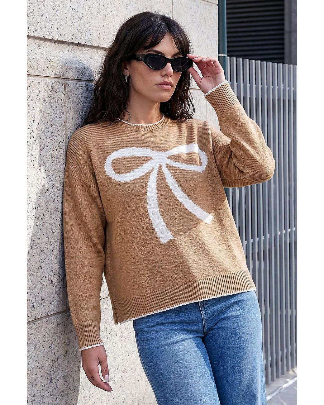 Roman Blue Contrast Stitch Bow Knit Jumper