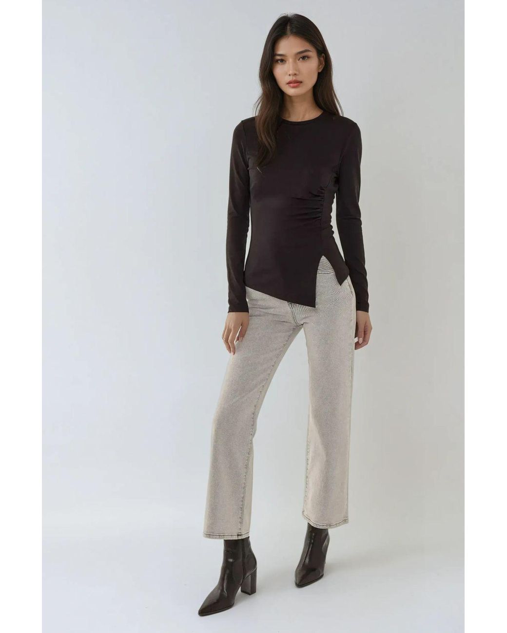 Hiccup Black Asymmetric Long Sleeve Crew Neck Top