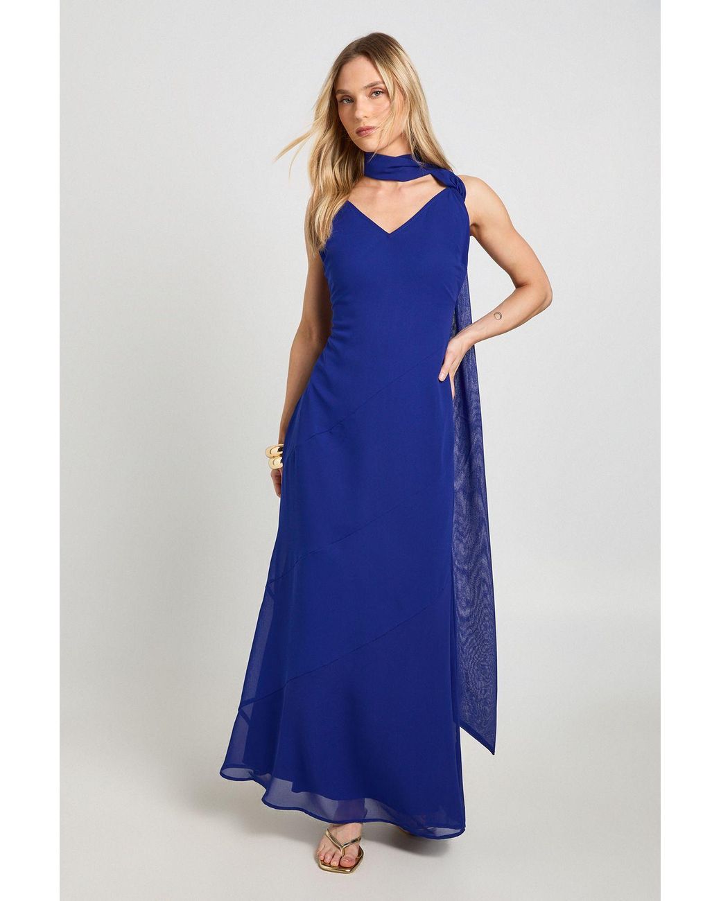 Boohoo Blue Petite Chiffon Drape Neck Scarf Detail Maxi Dress