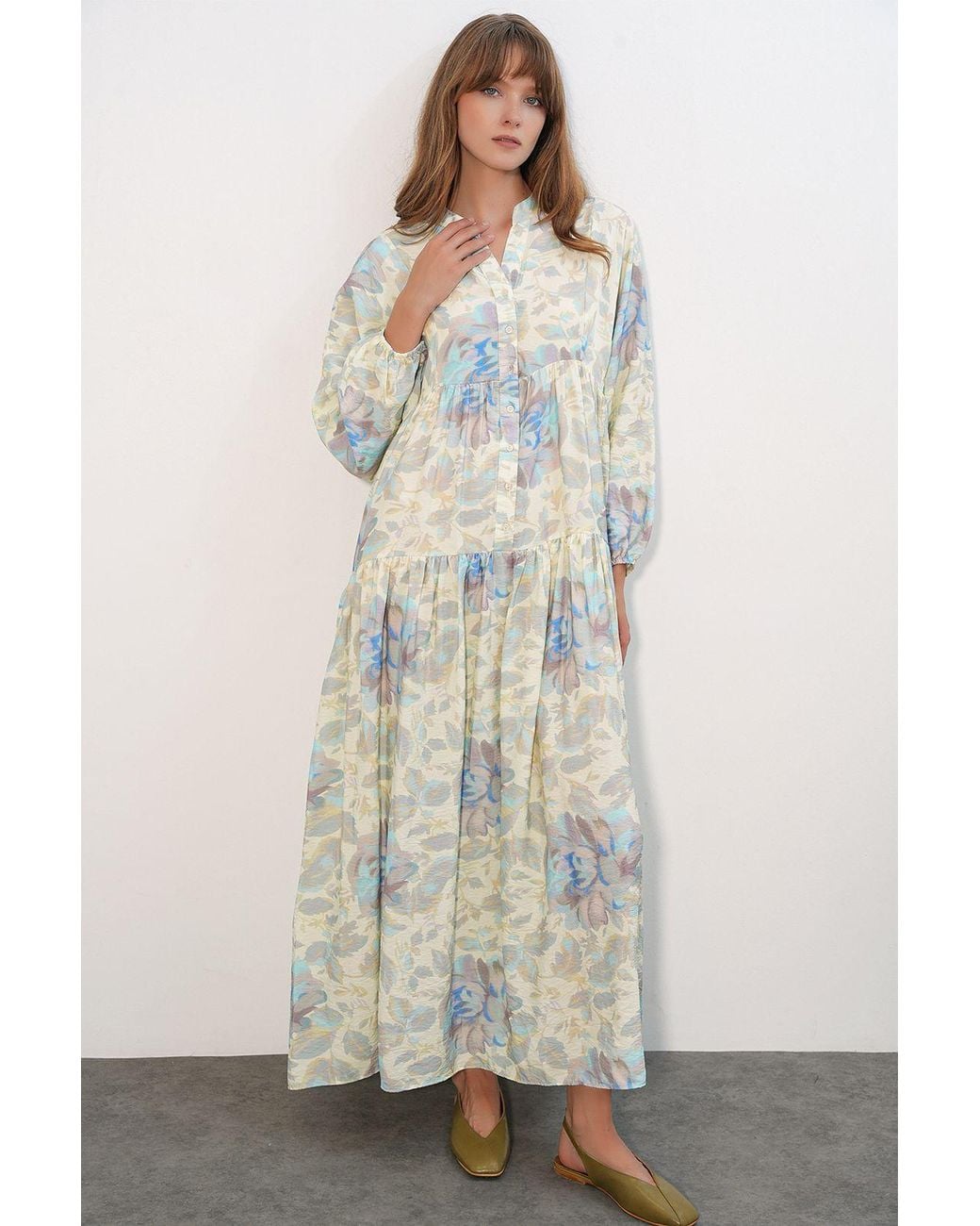 Bigdart Natural Floral Maxi Dress With Mandarin Collar