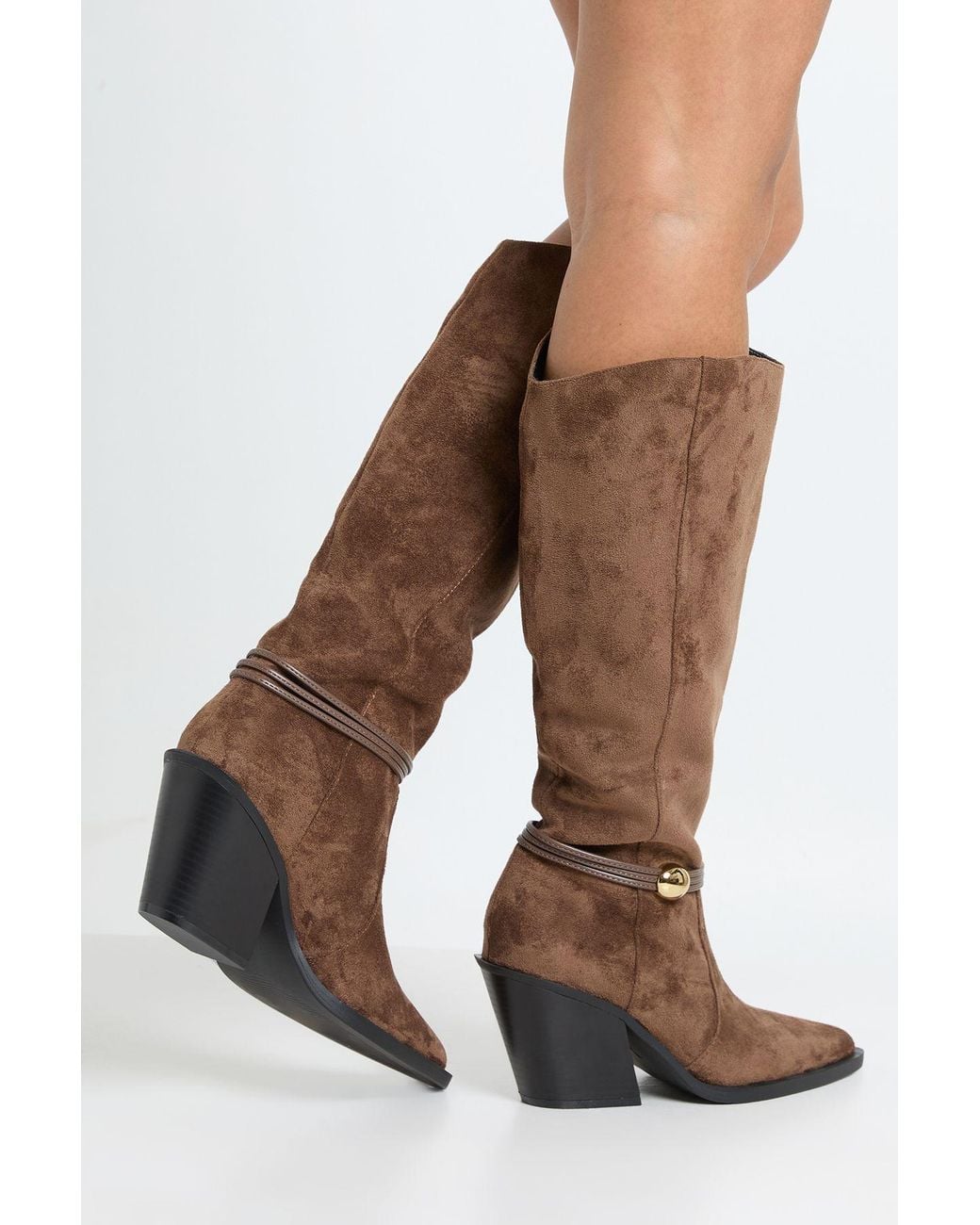 Boohoo Brown Trim Detail Knee High Western Cowboy Boots