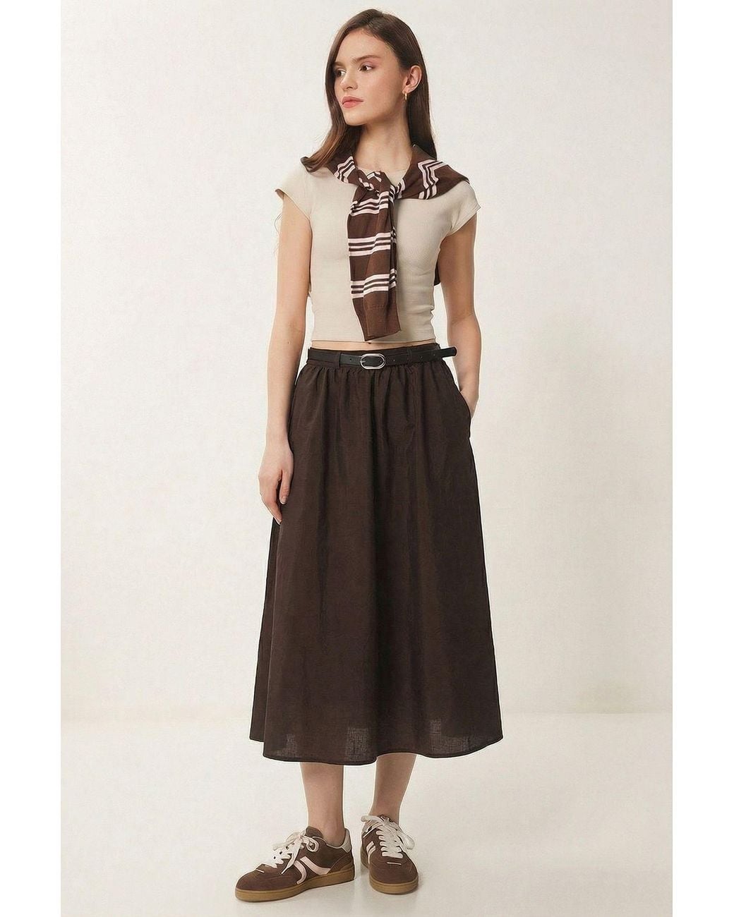 Happiness İstanbul Natural High-Waist Belted Midi A-Line Skirt